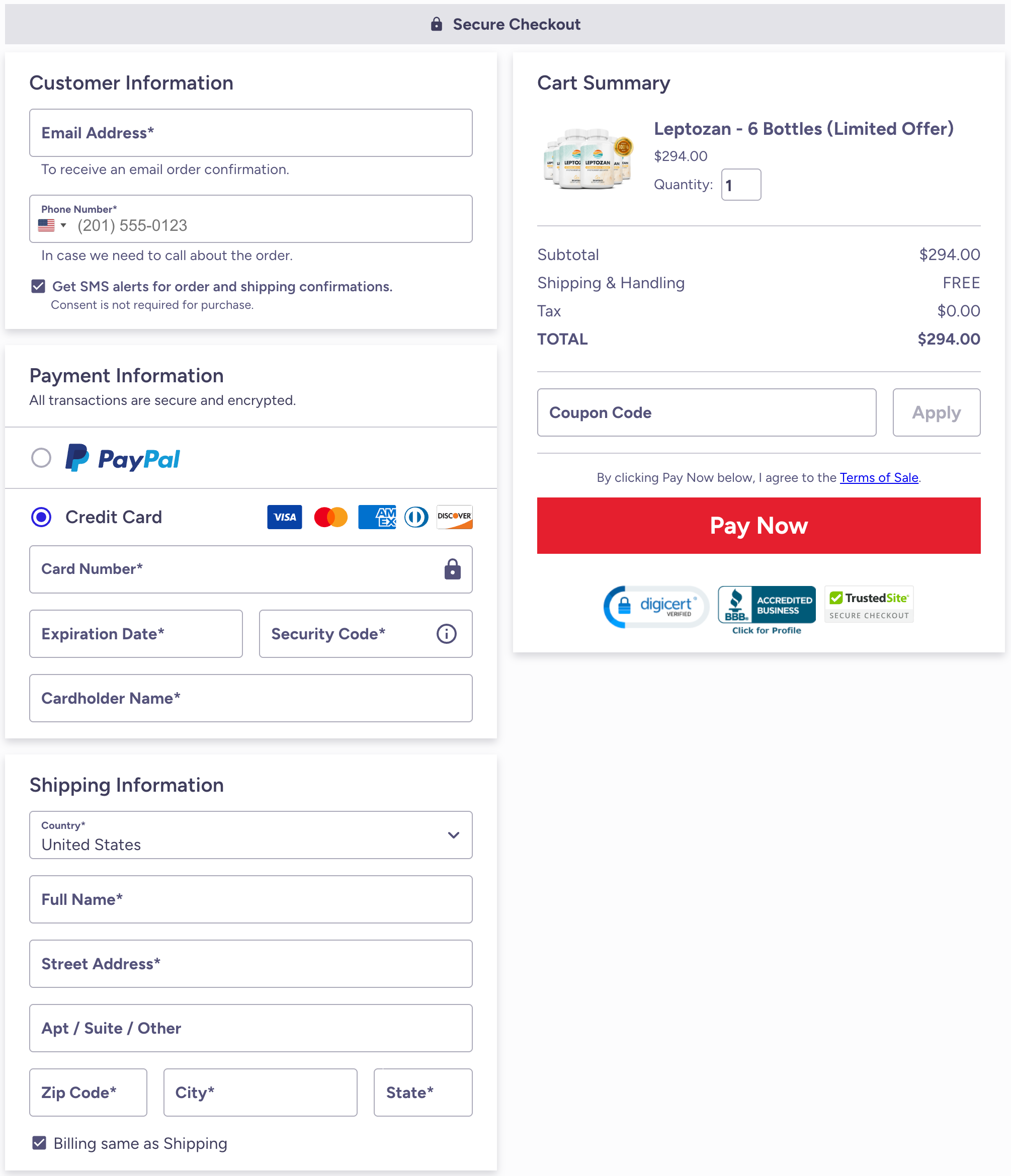 Screenshot of the Leptozan secure checkout page